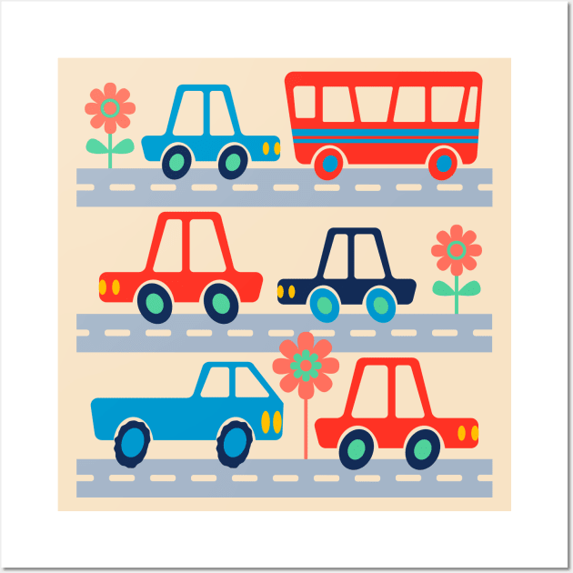 RUSH HOUR Retro Kids Traffic Transportation Vehicles Cars Trucks Bus on Roads - UnBlink Studio by Jackie Tahara Wall Art by UnBlink Studio by Jackie Tahara